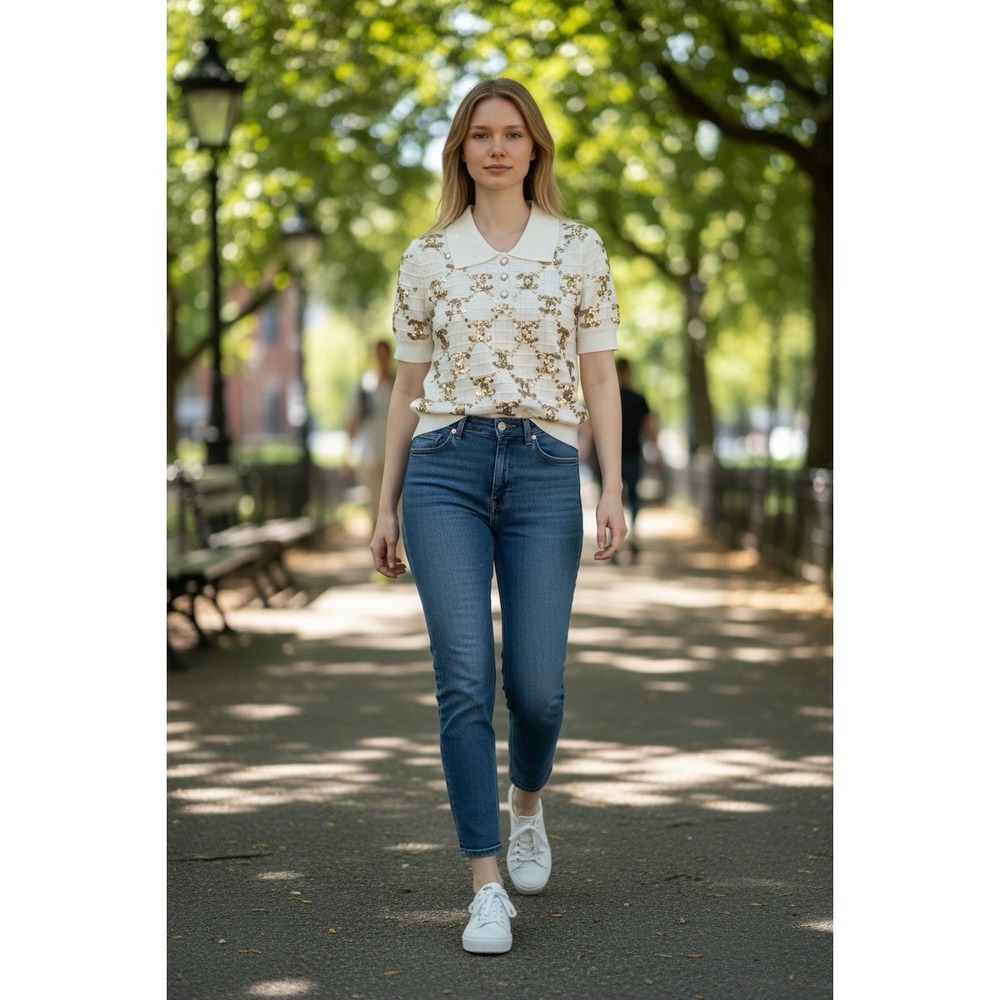 Sequin CC Style Knit Polo Top Cream Gold Short Sleeve Small